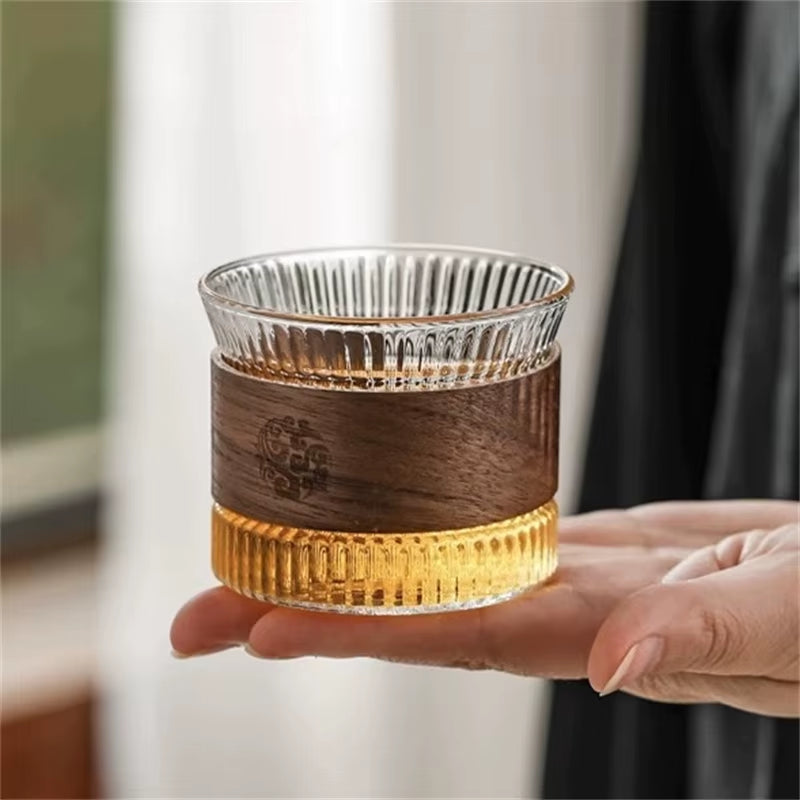 130ML Japanese Style Stripe Glass Coffee Mug Walnut Cup Sleeve Transparent Kawaii Cup Coffeeware Cute Tea Mugs