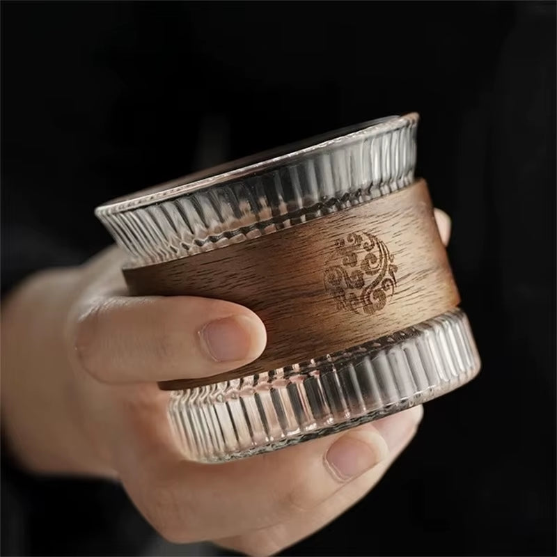 130ML Japanese Style Stripe Glass Coffee Mug Walnut Cup Sleeve Transparent Kawaii Cup Coffeeware Cute Tea Mugs