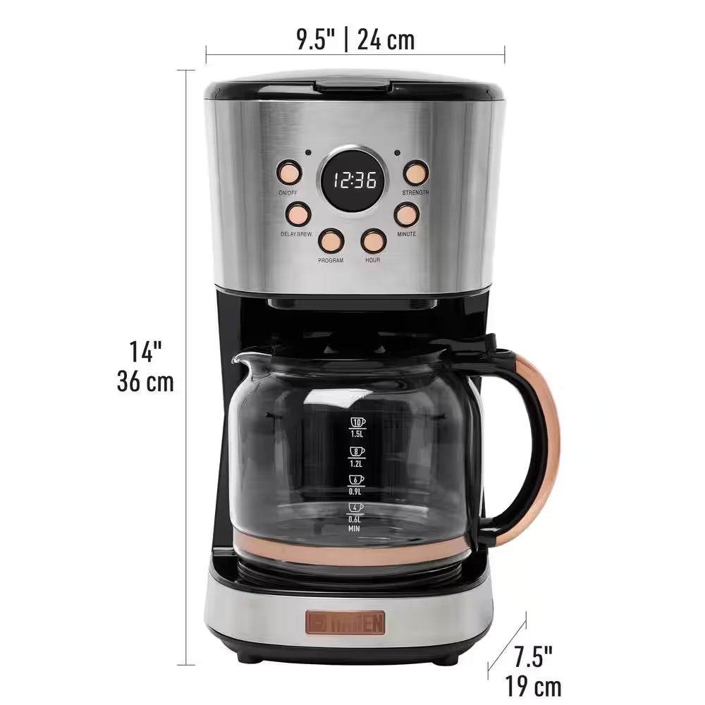 12-Cup Steel and Copper Retro Style Drip Coffee Maker with Strength Control and Timer
