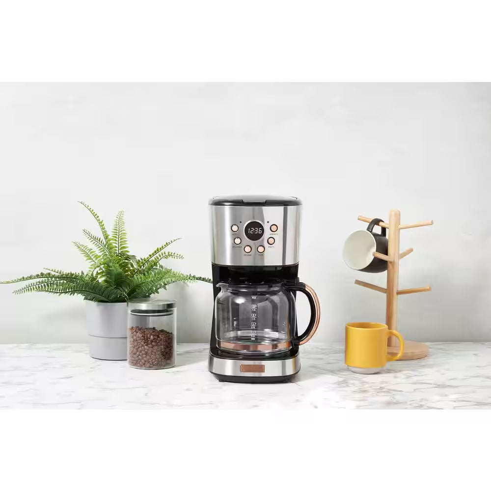 12-Cup Steel and Copper Retro Style Drip Coffee Maker with Strength Control and Timer