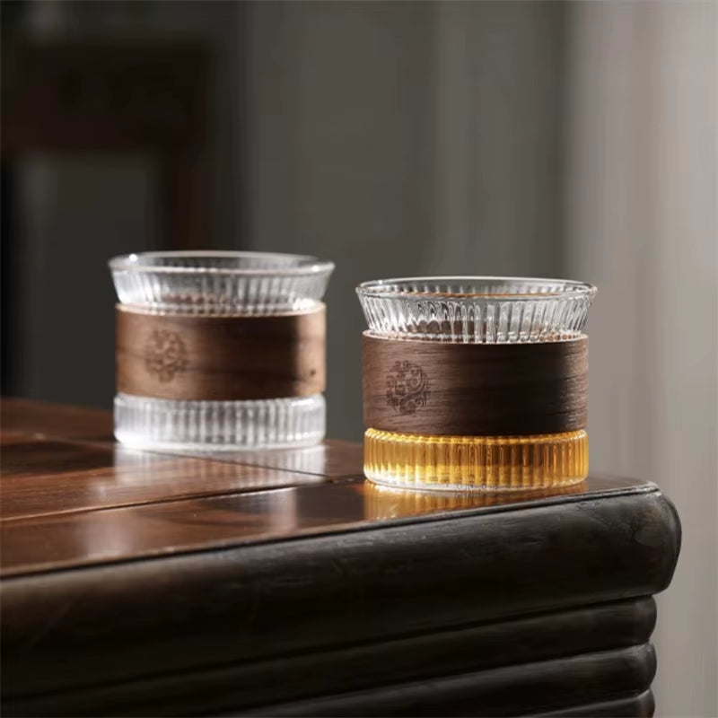 130ML Japanese Style Stripe Glass Coffee Mug Walnut Cup Sleeve Transparent Kawaii Cup Coffeeware Cute Tea Mugs