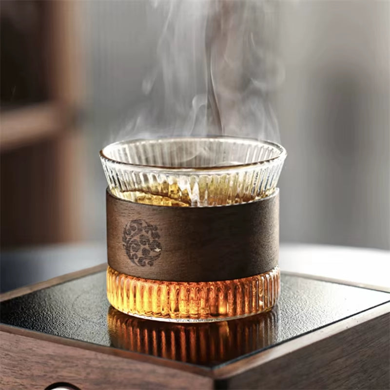 130ML Japanese Style Stripe Glass Coffee Mug Walnut Cup Sleeve Transparent Kawaii Cup Coffeeware Cute Tea Mugs